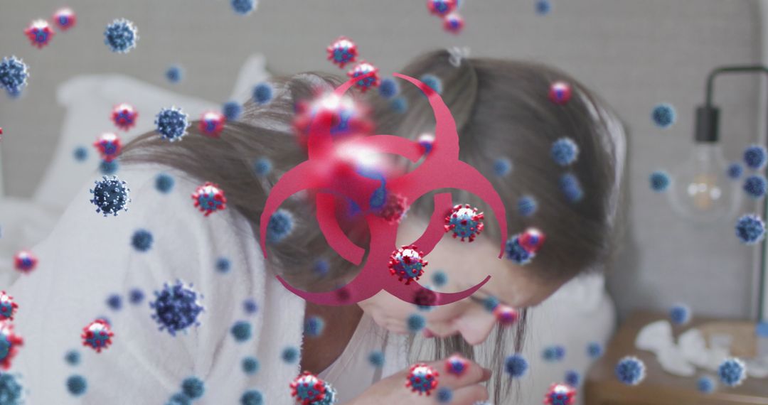 Sick woman with biohazard symbol and viruses overlay