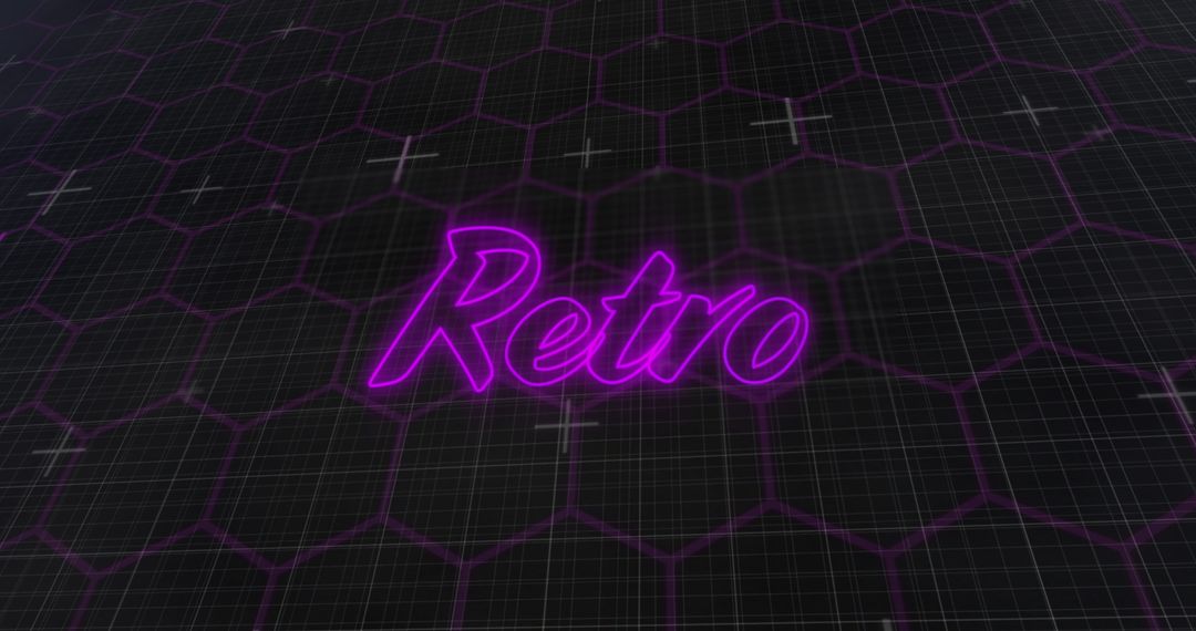 Glowing Purple Retro Neon Text on Hexagonal Grid