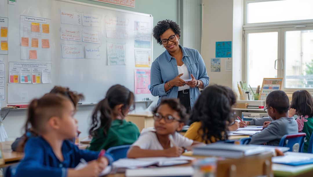 Teacher Presenting Lesson in Active Elementary Classroom