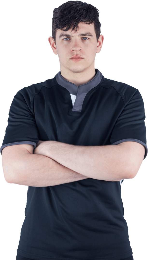 Confident Rugby Player with Arms Crossed on Transparent Background