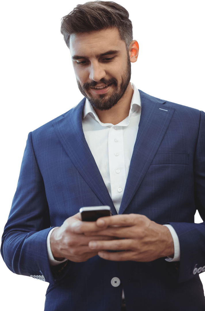 Confident Businessman Texting on Mobile, Isolated Transparent Background