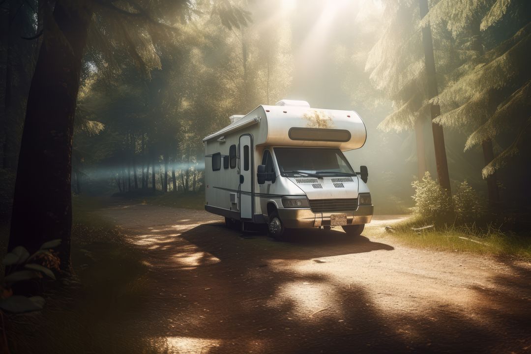 White camper van with sunlight and trees in forest created using generative ai technology - Free Images, Stock Photos and Pictures on Pikwizard.com