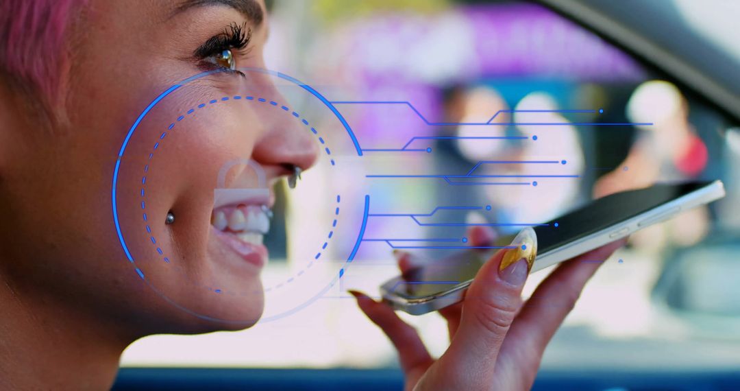 Woman Engaging with Voice Recognition on Smartphone in Car