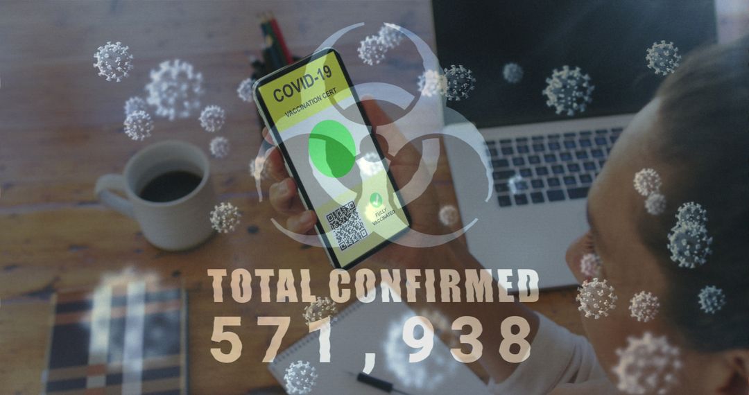 COVID-19 Vaccine Certificate on Smartphone with Biohazard Symbol Overlay