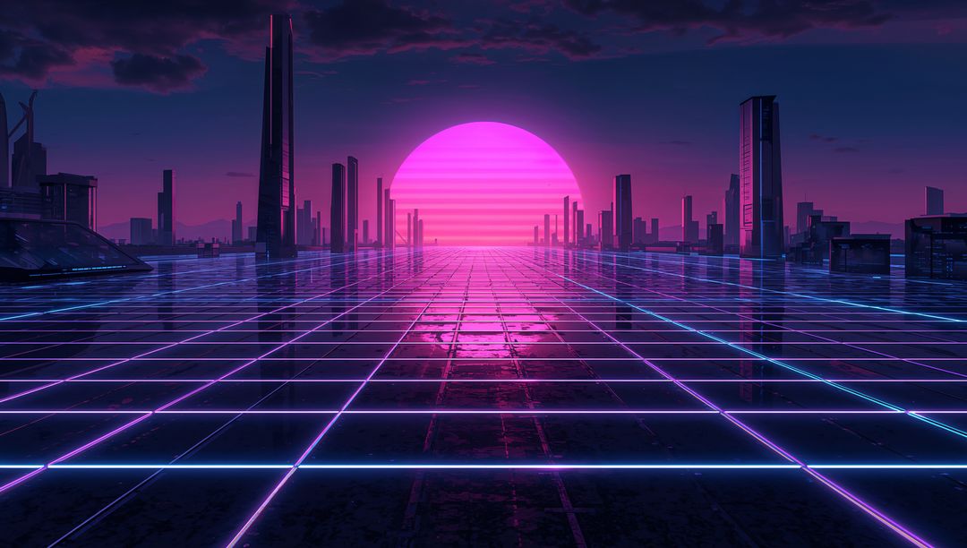 Neon Retro-Futuristic Cityscape Featuring Banded Magenta Sun Over Reflective Cyber Grid