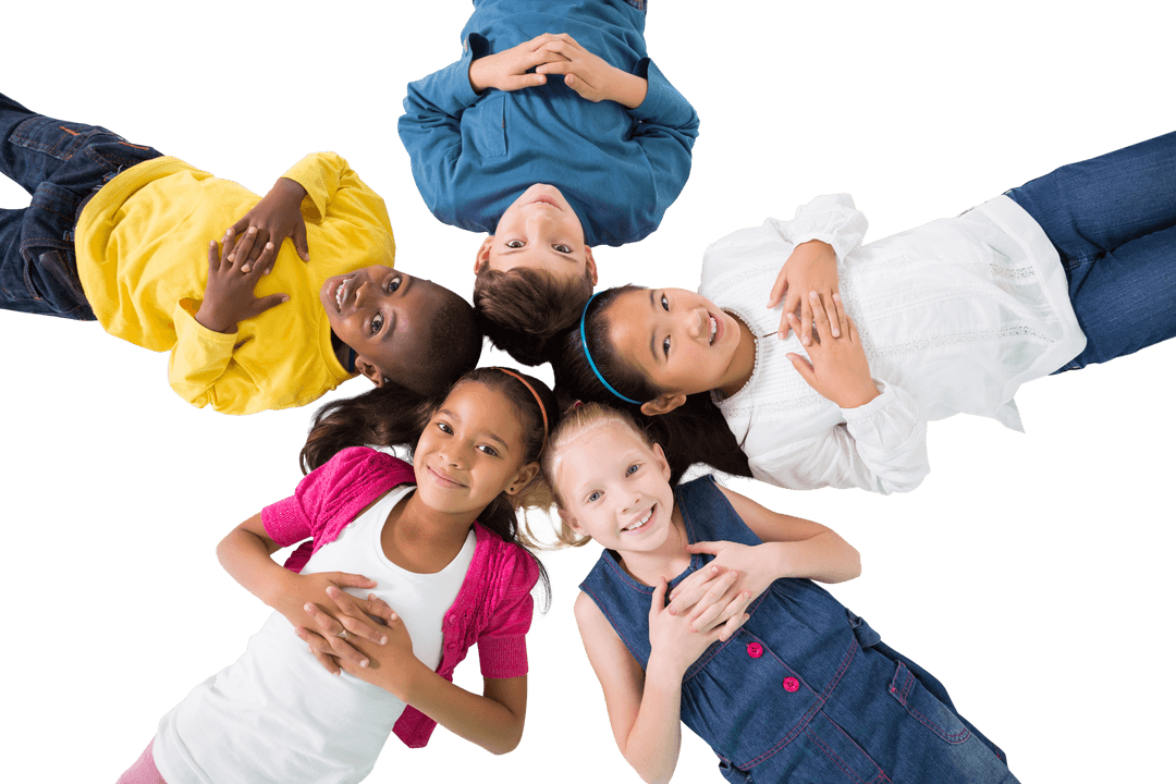 Diverse Schoolchildren Lying Together on Transparent Background