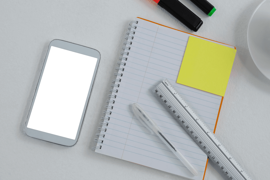transparent workspace with notebook, smartphone, and stationery - Download Free Stock Images Pikwizard.com