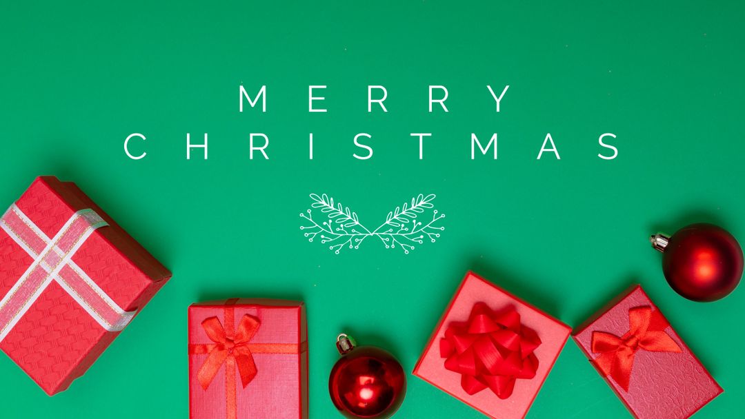 Horizontal image of white merry christmas text, with red gifts and baubles on green background - Download Free Stock Templates Pikwizard.com