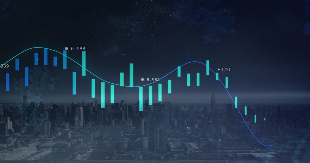 Digital Graph Overlay on Night Cityscape Showing Data Analytics