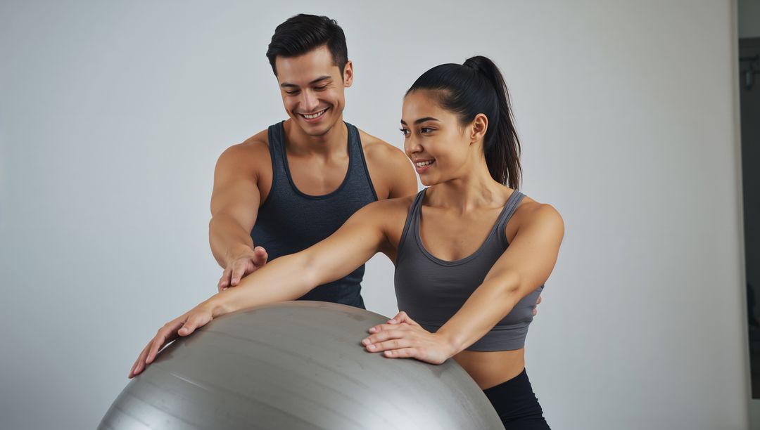 Trainer Assisting Client with Exercise Ball for Perfect Balance and Form