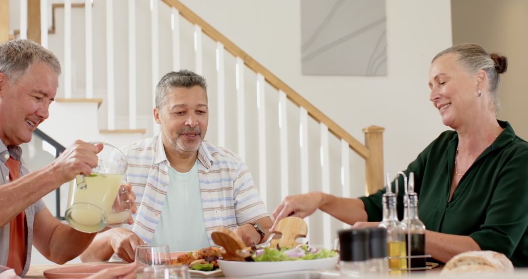 Senior Friends Enjoying Dining with Drinks and Salad