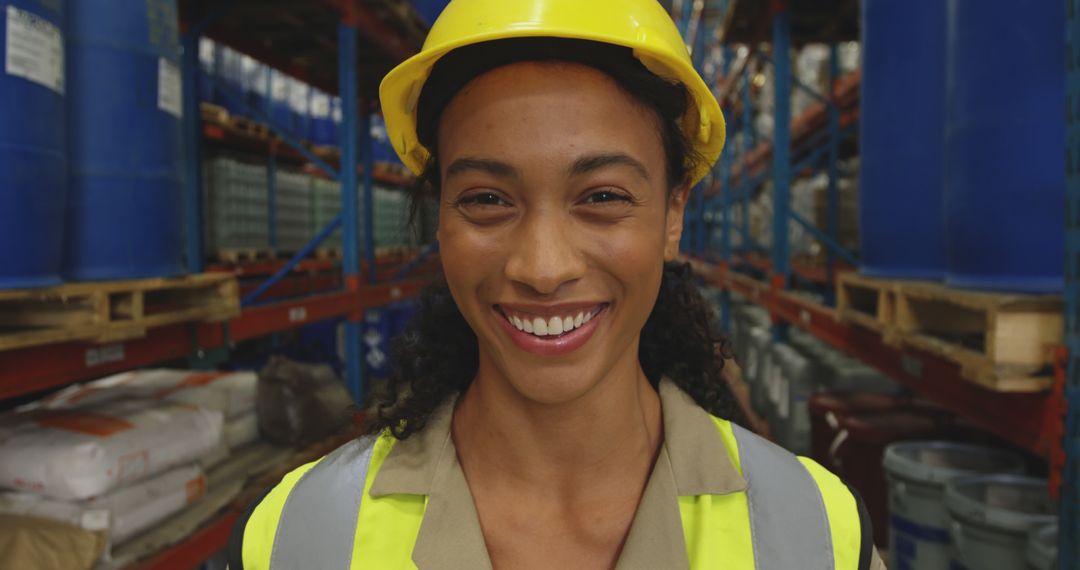 Smiling Female Warehouse Worker in High-Visibility Vest and Hard Hat - Free Images, Stock Photos and Pictures on Pikwizard.com