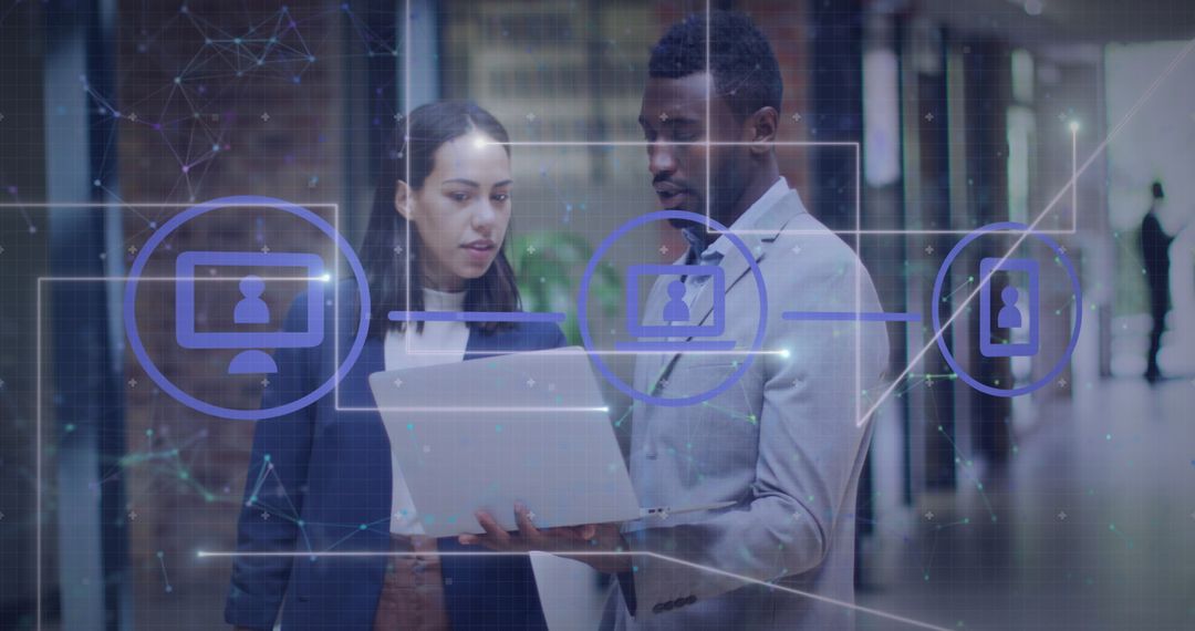 Diverse Business Team Collaborating Using Digital Technology Overlay