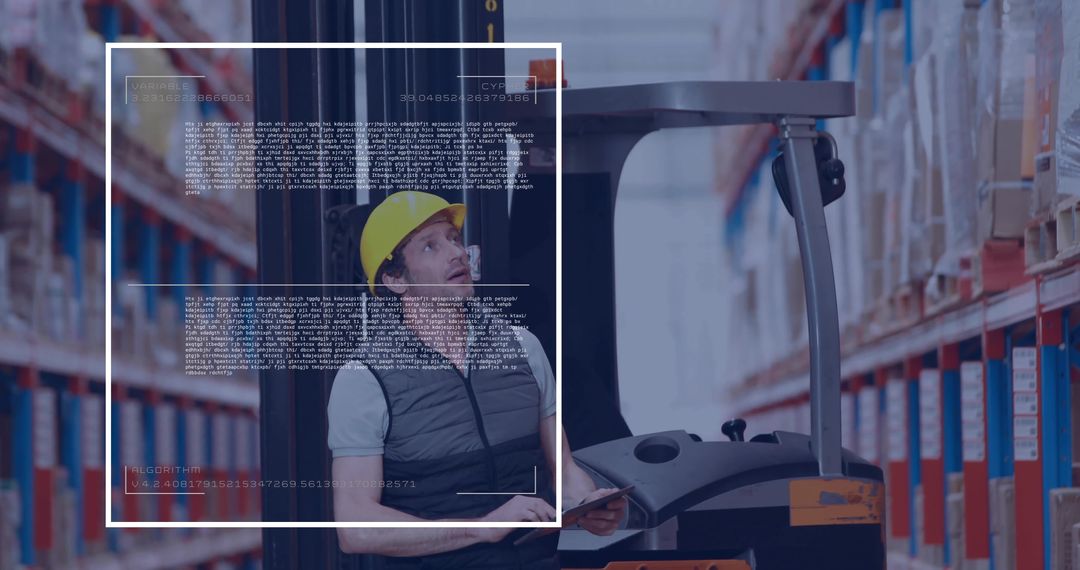 Forklift operator scanning warehouse racking with digital overlay for inventory management