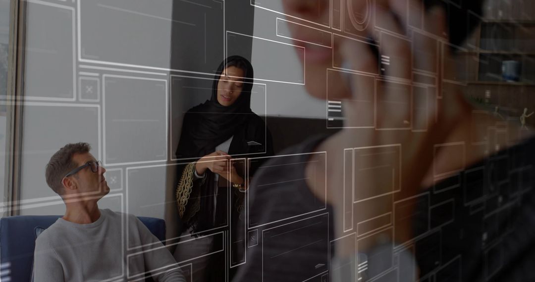 Business Collaboration with Digital Wireframe Overlay in Modern Office