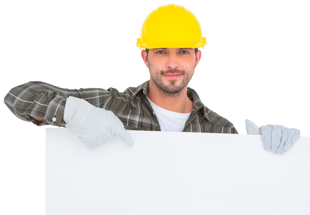 Construction Worker Pointing at Transparent Blank Board