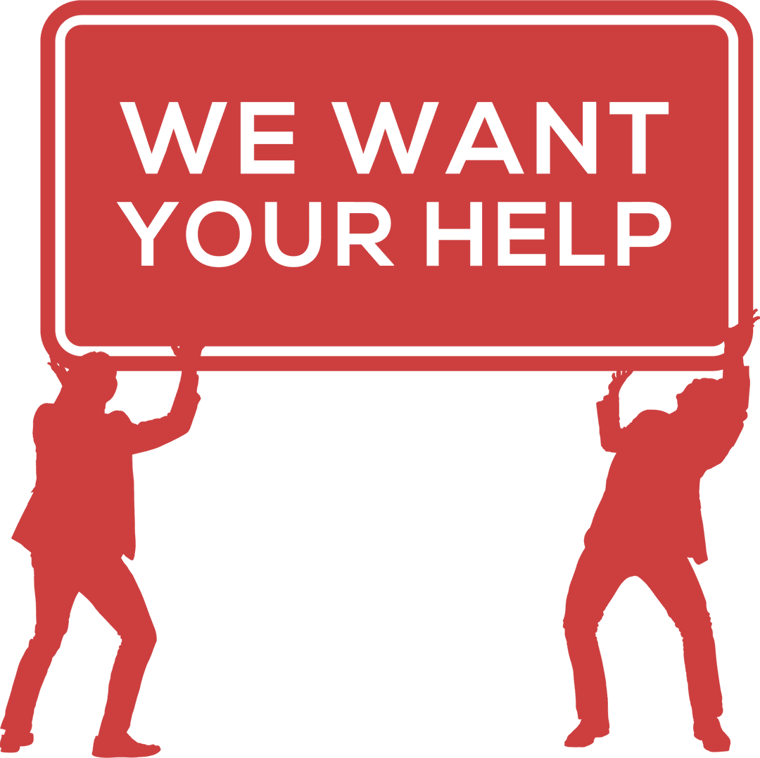 Red Silhouettes Holding 'We Want Your Help' Sign on Transparent Background