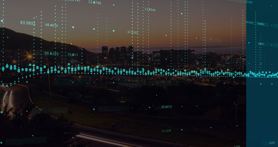Cityscape at Dusk with Futuristic Digital Data Overlay