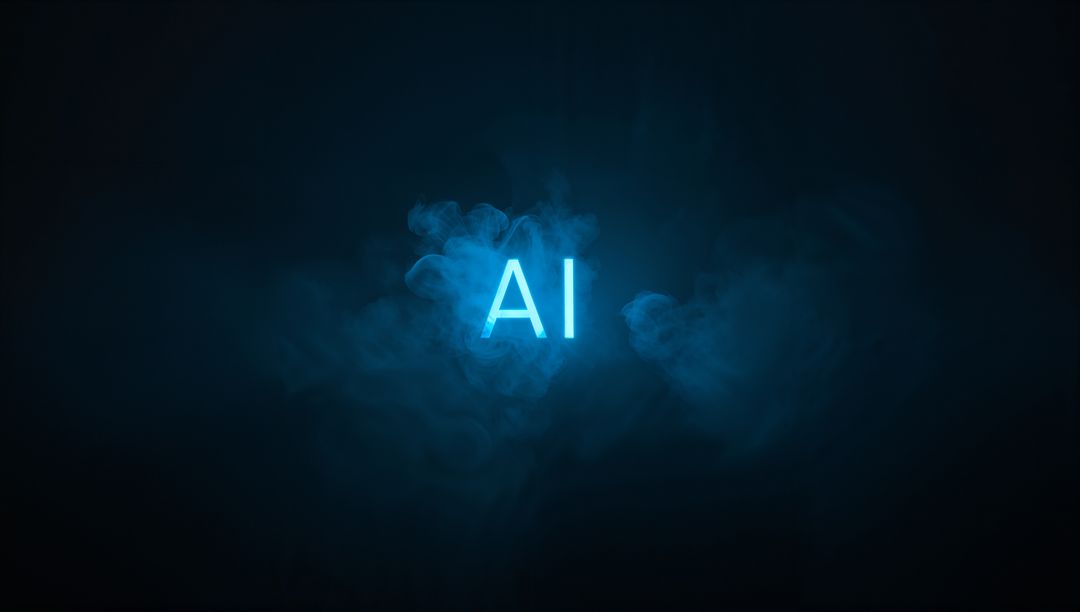 Glowing Cyan AI Letters Emerging from Misty Blue Fog in Dark Futuristic Void Neon Typography