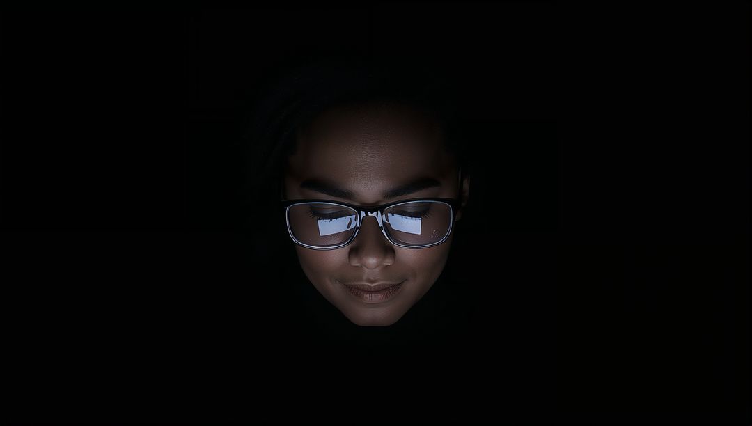 Soft-lit face with rectangular glasses glowing from tablet screen in dark moody portrait