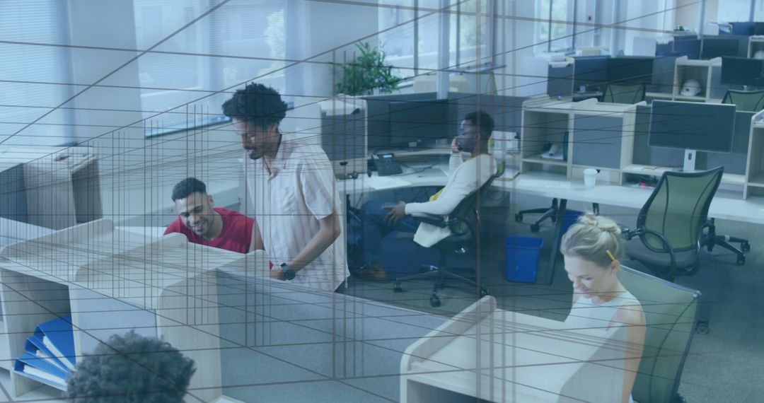 Modern Office Collaboration with Diverse Team Brainstorming at Cubicle