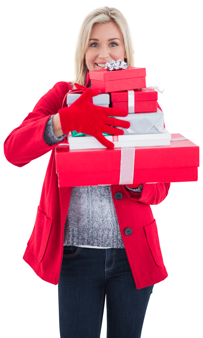 Festive Blonde Carrying Pile of Transparent Gift Boxes in Red Attire