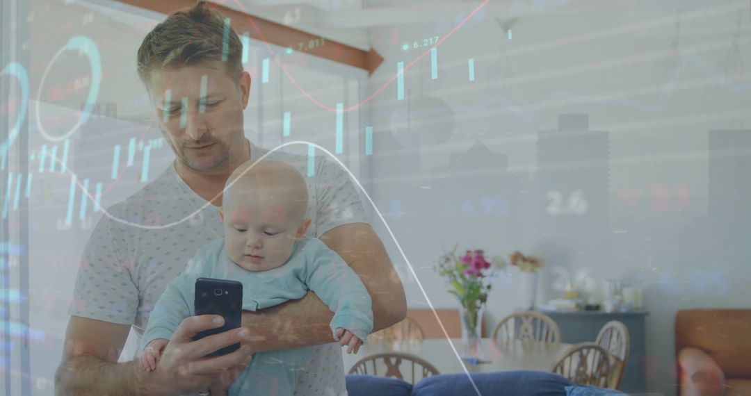 Father Holding Baby While Monitoring Financial Data on Smartphone