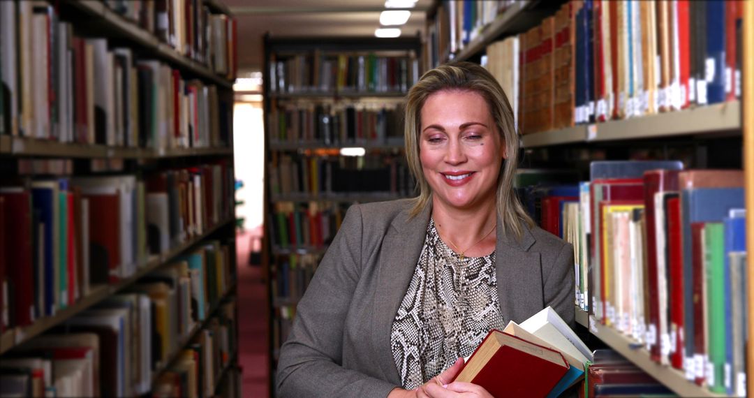 Smiling Professional Woman Holding Books in Library Aisle - Free Images, Stock Photos and Pictures on Pikwizard.com