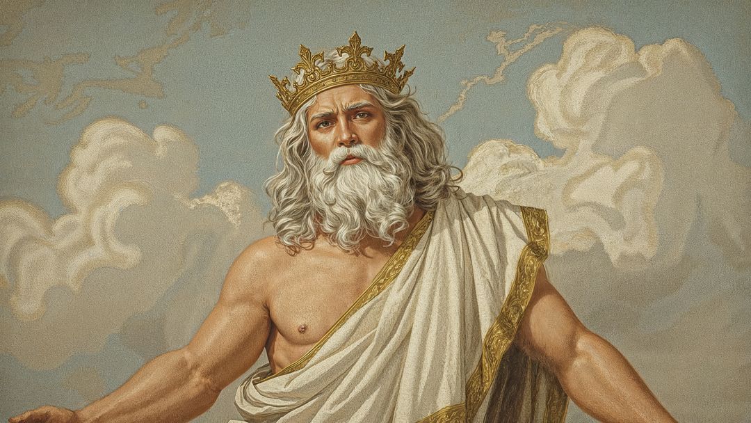Majestic Mythical God with Golden Crown in Celestial Setting