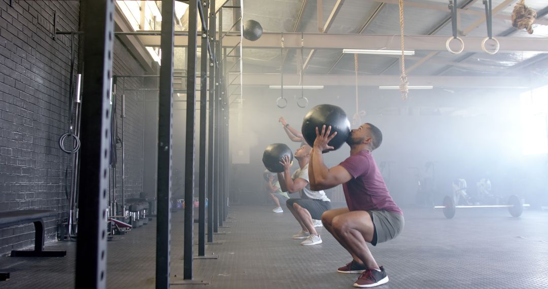 Group of Men Performing Wall Ball Exercise in CrossFit Gym - Free Images, Stock Photos and Pictures on Pikwizard.com