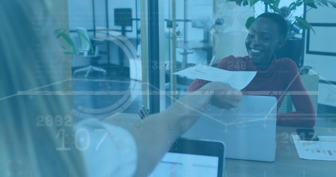 Business Meeting with Data Visualization Elements Overlay