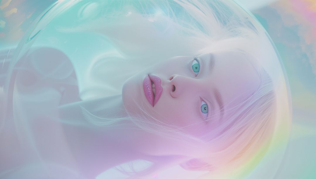 Ethereal Beauty: Model Floating in Pastel Bubble