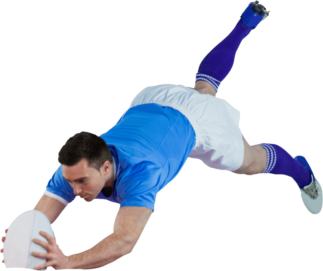 Transparent Rugby Player Scoring Try Mid-Air with Ball