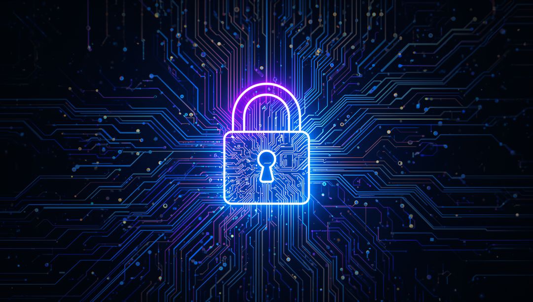 Neon Padlock Icon Symbolizing Advanced Cybersecurity on Digital Circuit Board