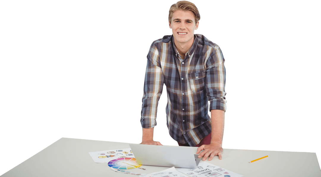 Transparent Young Businessman Standing at Table with Laptop Confidently