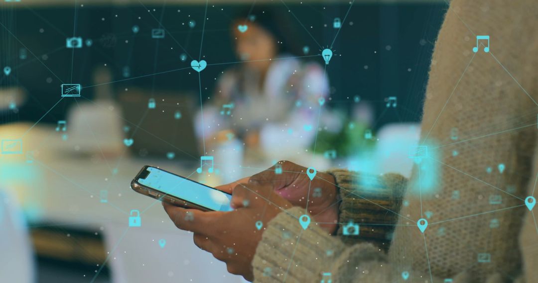 Digital Connections Overlay Smartphone Usage in Creative Workspace