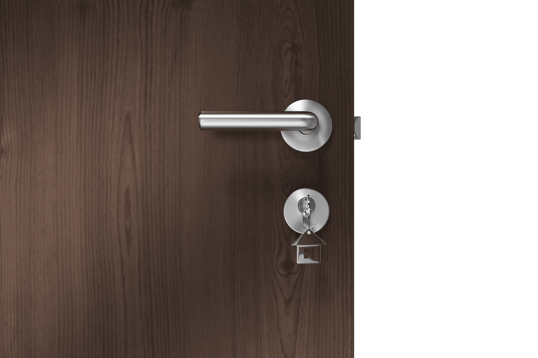 Transparent Brown Door with Metallic Handle and House Key