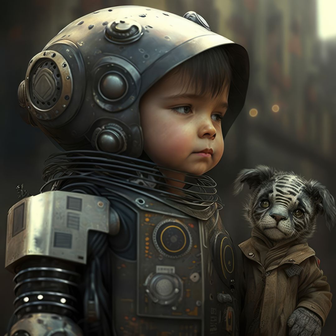 Child in Futuristic Space Suit with Fantasy Animal in Urban Setting - Free Images, Stock Photos and Pictures on Pikwizard.com