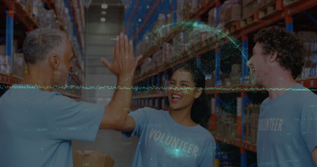 Diverse Volunteers High-Fiving in Warehouse with Data Overlay