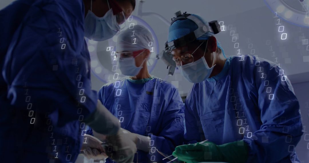 Healthcare Technology Surgeons Team in Action with Binary Futuristic Overlay