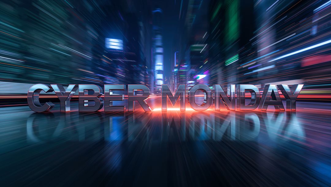 Cyber Monday 3D Metallic Text with Neon Light Trails and Reflective Wet Urban Street