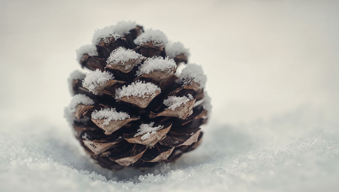 Snow-dusted pine cone resting on soft snow close-up showing delicate ice crystals