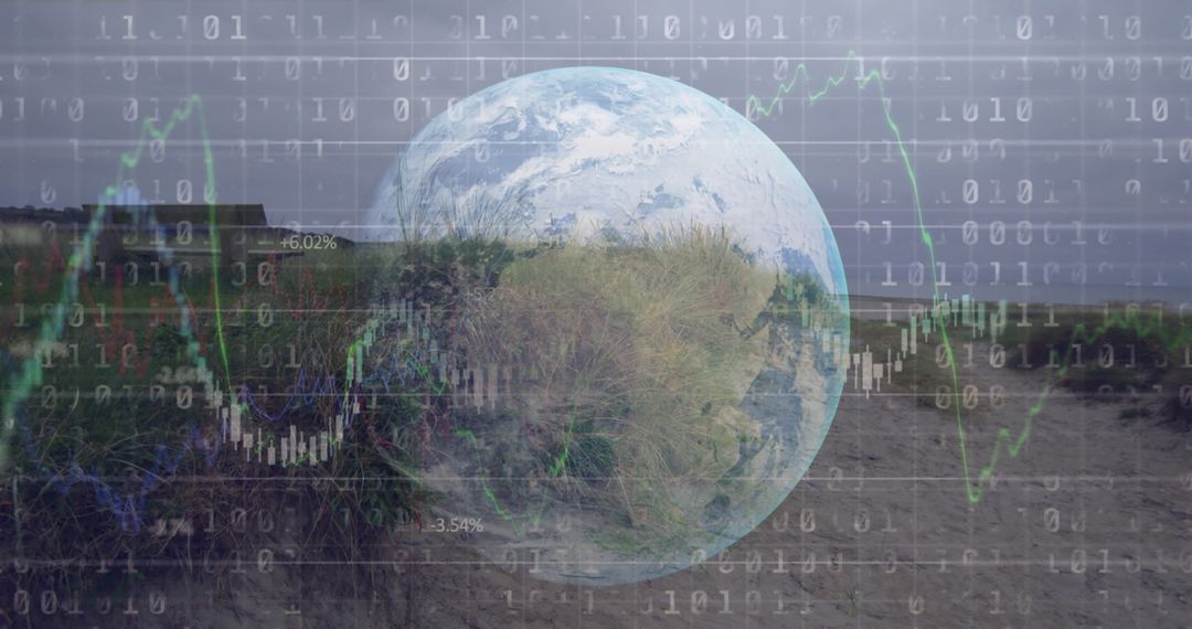 Planet Earth with Data Overlay Symbolizing Nature and Economics Balance