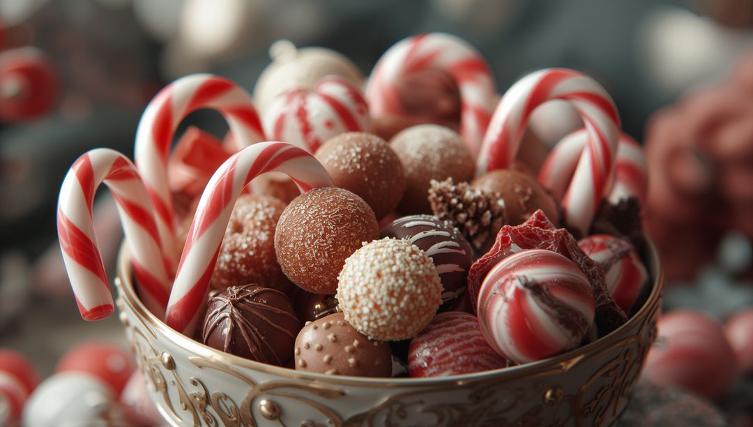 Luxurious Chocolate Truffles and Candy Canes in Ornate Bowl