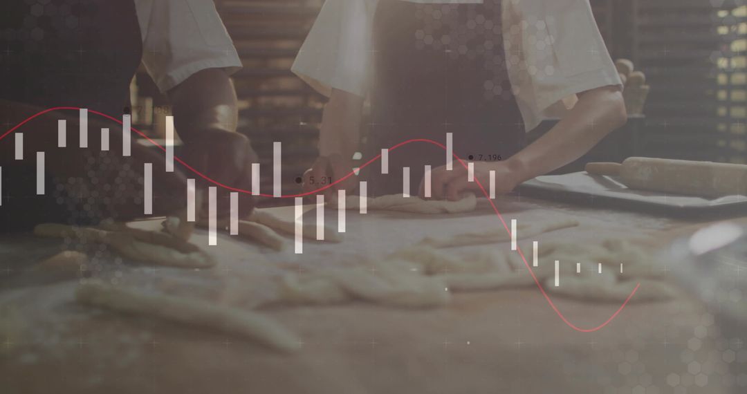 Artisan Bakers Shaping Dough with Financial Data Overlay