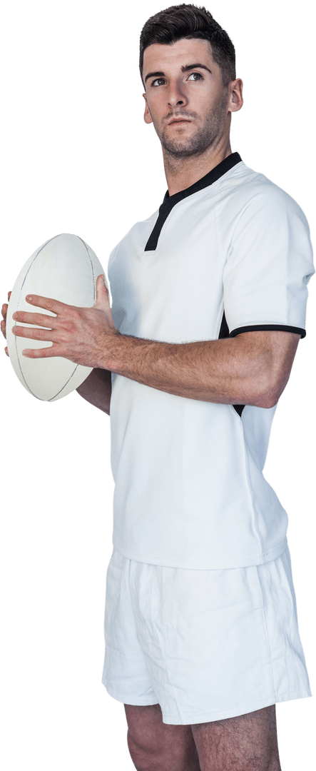 Confident Rugby Player Holding Ball Over Transparent Background