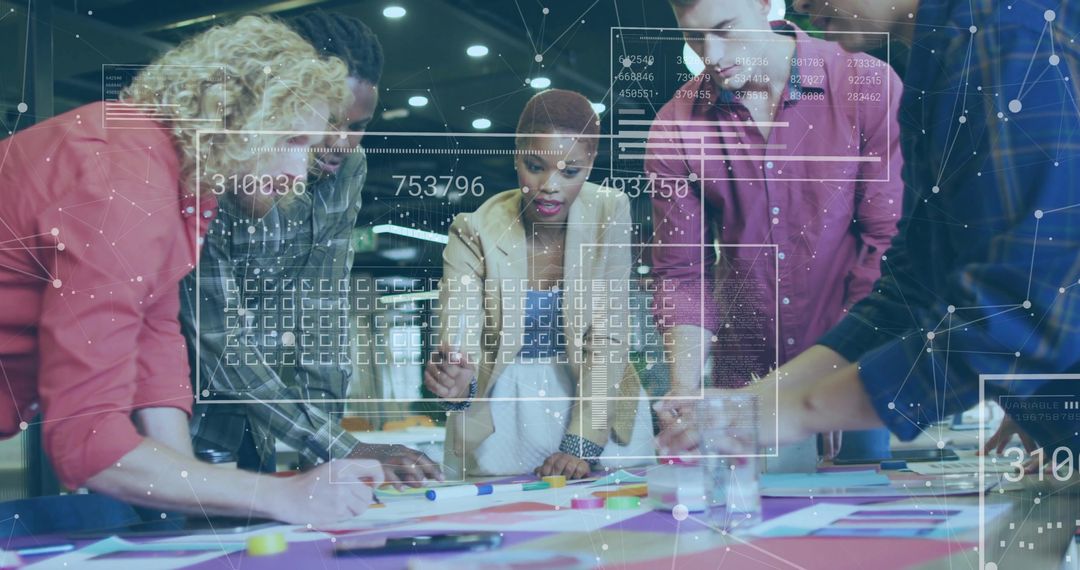 Multidisciplinary team collaborating over creative design plans with futuristic data overlays