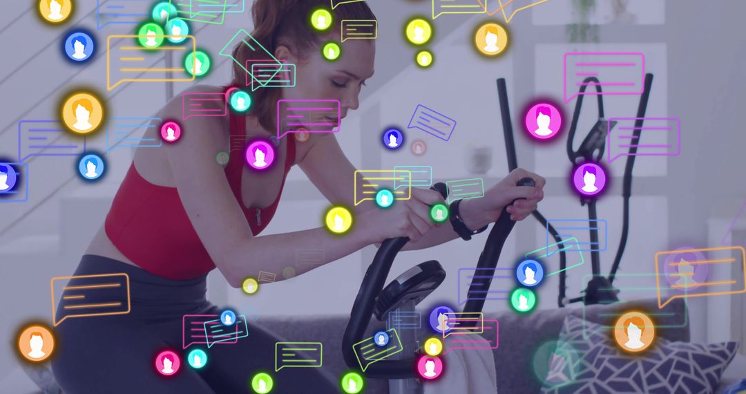 Woman on Exercise Bike Surrounded by Digital Communication Bubbles
