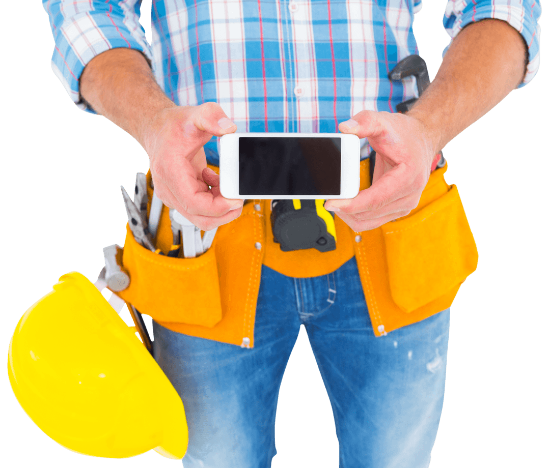 Transparent Builder Displaying Blank Screen Phone with Yellow Tools Belt