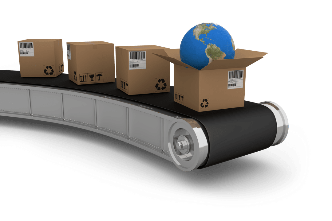 Transparent 3D Conveyor Belt with Cardboard Boxes and Globe